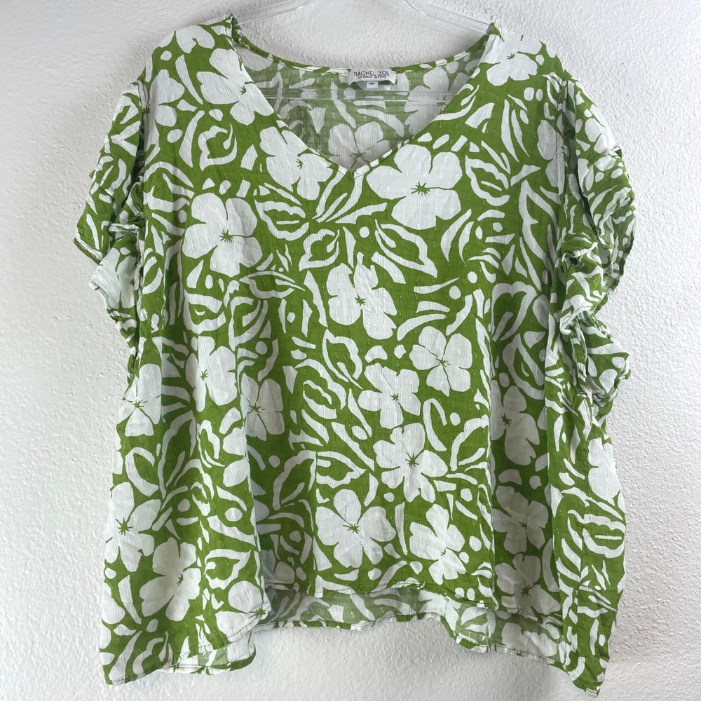 Rachel Zoe Womens 3X Green White Floral Ruffle Cap Sleeve V-Neck Rayon Blouse